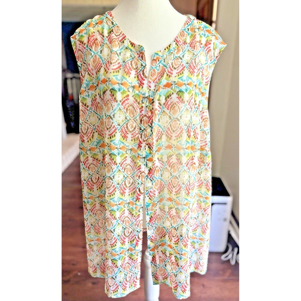 J. Jill Blouse Top Size 3XL Plus‎ Sleeveless Artsy Geometric Sheer Button Front